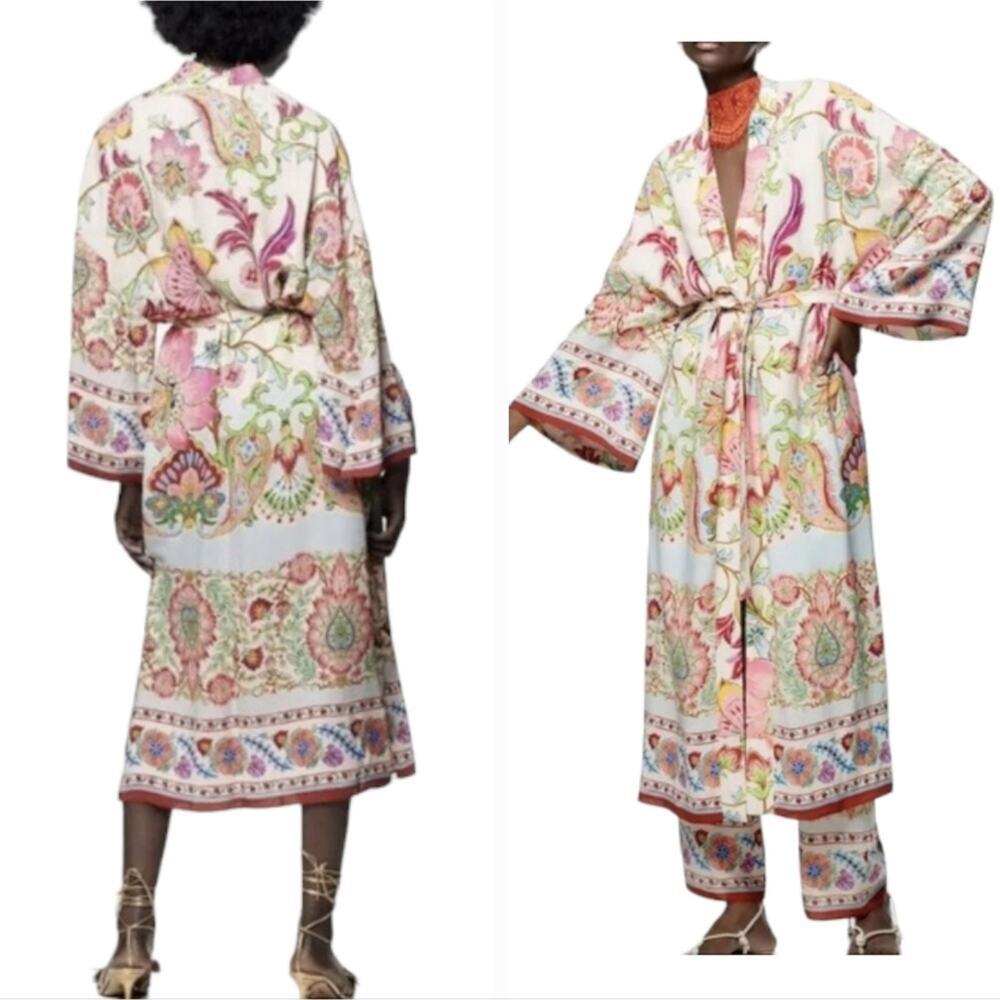 ZARA Pink Printed Belted Long Line Open Front Kimono Robe Duster Sz XS S M‎ New